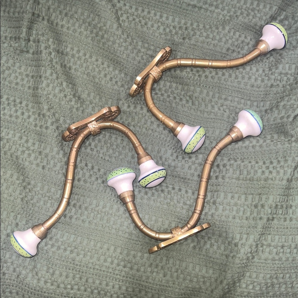 Brass Wall Hooks with Cream and Green Accents knobs
